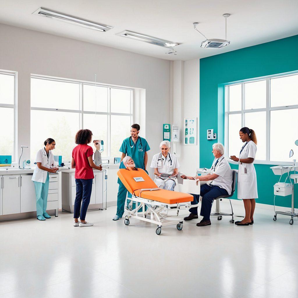 A diverse group of happy people, including families and seniors, receiving various medical services in a cheerful, modern clinic. The atmosphere is inviting and stress-free, with doctors and nurses providing attentive and compassionate care. Infographics displaying affordable pricing and services in the background. vibrant colors. super-realistic. white background.