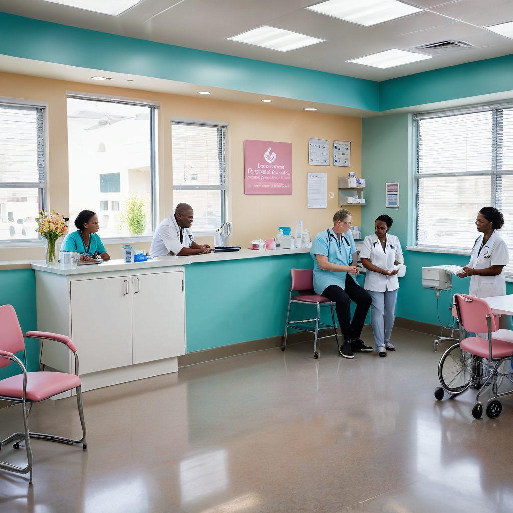 A warm and inviting community clinic scene with diverse individuals receiving care and consultations from compassionate doctors and nurses. Include a prominently displayed sign reading 'Accessible and Affordable Health Care' and show various medical services like check-ups, vaccinations, and consultations. The background should reflect a modern yet welcoming atmosphere with pastel colors. super-realistic. vibrant colors.